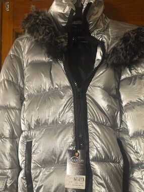 Metallic Silver Hooded Puffer Coat with Faux Fur Trim